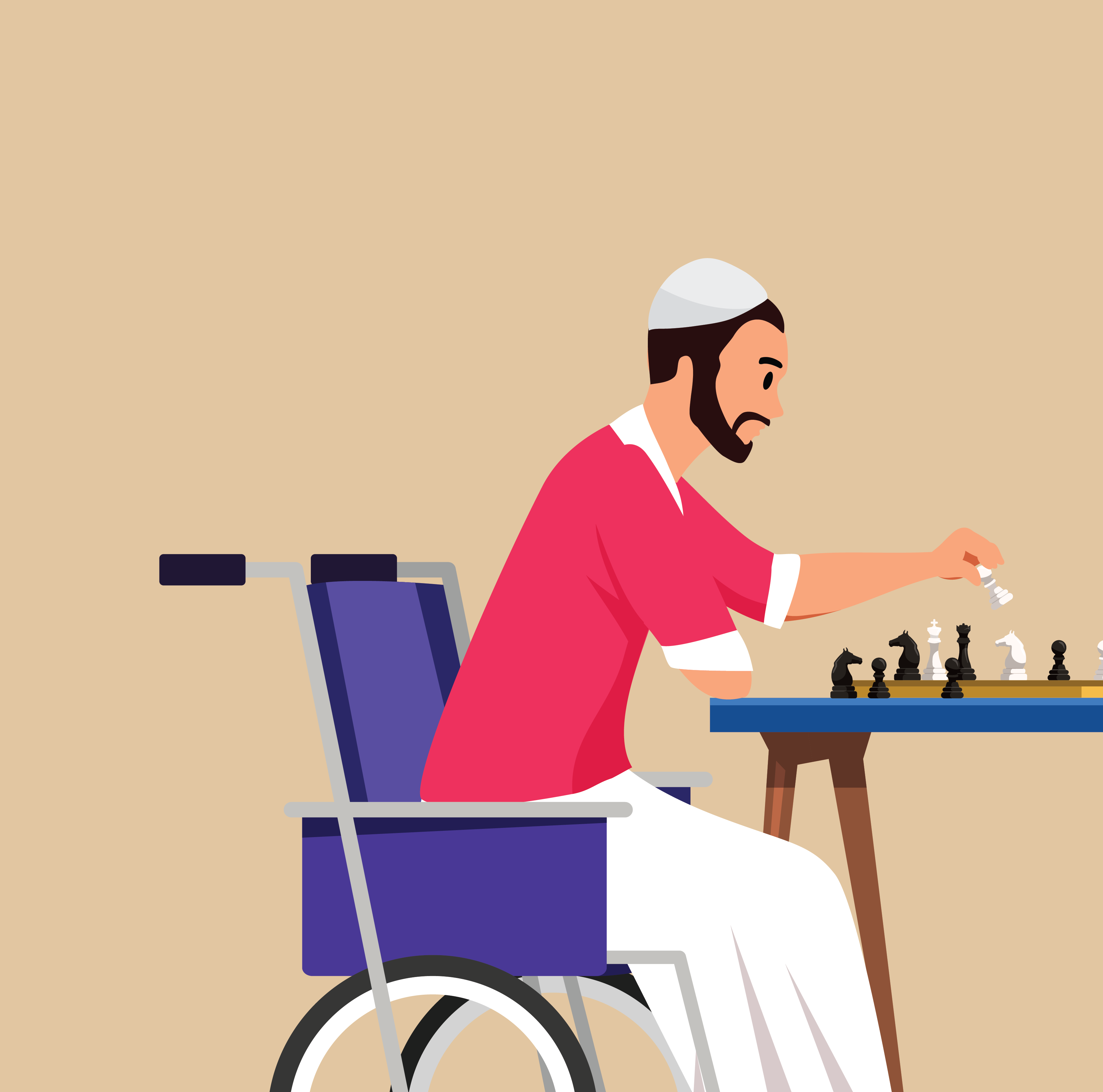Mail playing chess in a wheelchair